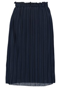 Granatowa plisowana spódnica z elastycznym pasem, sięgająca do połowy łydki, z pionowymi fałdami dla tekstury i zwiewnym krojem.