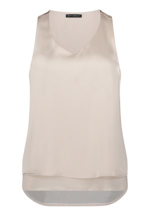 Blouse beige en satin sans manches avec col en V et ourlet superposé effet haut-bas, signée Betty Barclay.