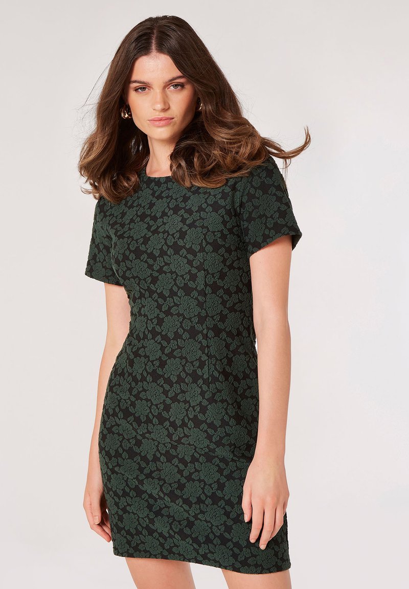 Ccisppal Abito Floreale Aderente Donna: Vestito Midi Con Spacco, In Verde. Morbido Ed Elastico, Taglia M.