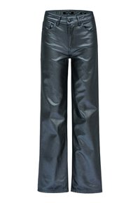 Jean en simili cuir noir, à jambe large avec une finition brillante, comportant cinq poches et des passants de ceinture, une taille structurée et un design minimaliste.