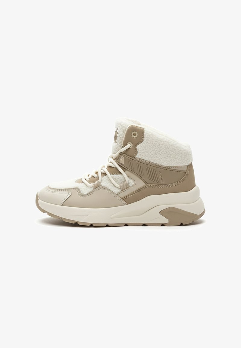 Beige high-top sneakers with a textured white fleece collar, smooth leather, and a chunky sole. Laces and side accents in a complementary color.