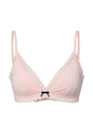 Roze bralette met kant, afgewerkt met een V-vormig ontwerp, verstelbare schouderbandjes en een klein zwart strikje in het midden. Soepele textuur.
