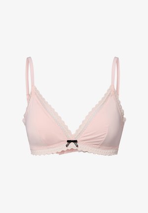 Pink lace-trimmed bralette with a V-shaped design, adjustable straps, and a small black bow detail at the center. Smooth texture.