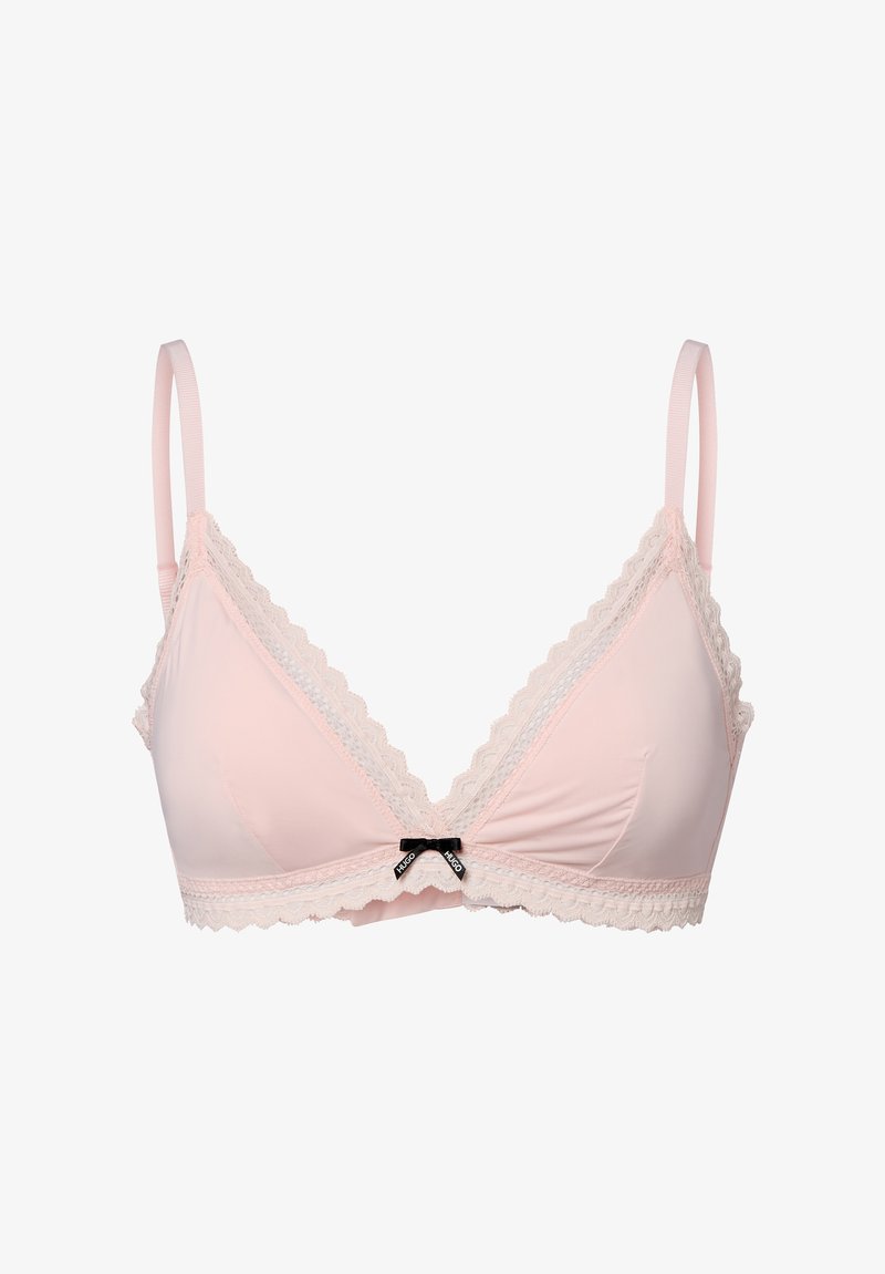 Rosa bralette med blondekant, med en V-formet design, justerbare stropper og en liten svart sløyfe detalj i midten. Glatt tekstur.