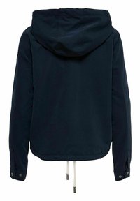 Navy blue hooded jacket with a drawstring hem, snap cuffs, and a smooth texture. Features a minimalist design without visible branding.