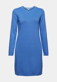 Robe en maille bleue à manches longues avec encolure ronde et ourlet droit, longueur mi-cuisse, design simple et ajusté.
