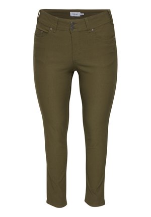 Õlivilja roheline venivad teksad slim fit lõikes, kus on kaks esitaskut, lukuga lend ja kahe nupuga kinnitamine. Sile tekstuur ja nähtamatud mustrid.