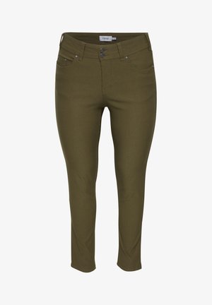 Õlivilja roheline venivad teksad slim fit lõikes, kus on kaks esitaskut, lukuga lend ja kahe nupuga kinnitamine. Sile tekstuur ja nähtamatud mustrid.