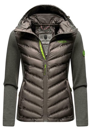 Gepolsterte Jacke mit einer grauen gesteppten Vorderseite und grünen Akzenten. Verfügt über eine Kapuze, einen durchgehenden Reißverschluss und Ärmel aus einem dunkelgrauen Stoff.