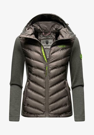 Gepolsterte Jacke mit einer grauen gesteppten Vorderseite und grünen Akzenten. Verfügt über eine Kapuze, einen durchgehenden Reißverschluss und Ärmel aus einem dunkelgrauen Stoff.