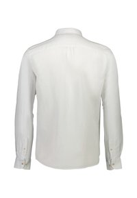 Camicia bianca a maniche lunghe realizzata in tessuto leggero, con colletto a punta, orlo dritto e polsini con due bottoni.