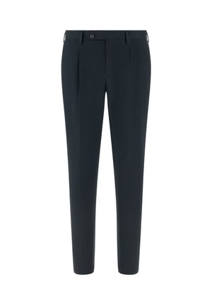 Pantalones de hombre a medida en azul marino con pinzas delanteras, cierre de botones, trabillas para cinturón y piernas rectas y ajustadas.