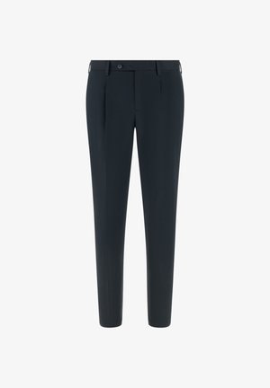 Pantalones de hombre a medida en azul marino con pinzas delanteras, cierre de botones, trabillas para cinturón y piernas rectas y ajustadas.