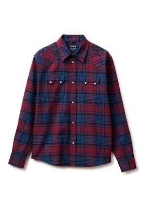 Chemise à manches longues à boutons avec motif à carreaux rouges et bleus, col pointu et poches poitrine à boutons-pression.