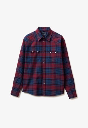 Overhemd met lange mouwen met rood-blauw ruitpatroon, puntkraag en borstzakken met drukknopen.