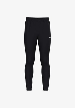 Czarne dopasowane legginsy sportowe z elastycznym pasem i małym białym logo JAKO na górnej części uda na białym tle.