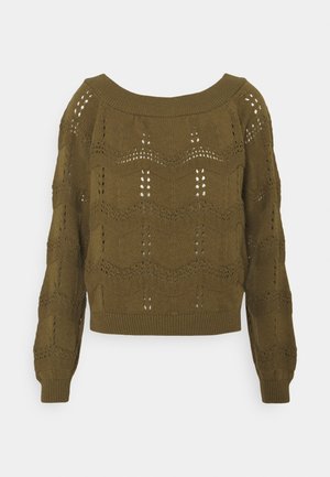 Pull en tricot vert olive à manches longues avec motif ajouré festonné, encolure, poignets et ourlet côtelés.