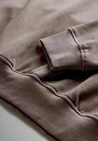 Ljusbrun sweatshirt med en mjuk textur, ribbade mudd och fåll, med minimala sömnadsdetaljer. Designen betonar komfort.