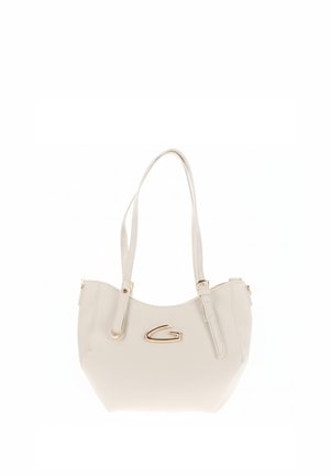 Bolso de mano de piel color crema con dos asas para el hombro y un logo "G" en tono dorado en el centro delantero.