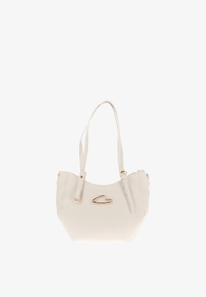 Borsa a mano in pelle color crema con due spallacci e logo "G" dorato al centro davanti.
