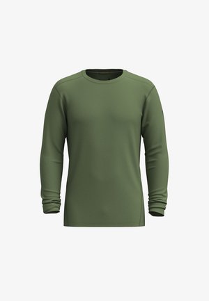 Zielona koszula z długim rękawem, uszyta z gładkiego materiału. Posiada ściągacze przy mankietach z delikatnym marszczeniem oraz okrągły dekolt. Brak wzorów lub akcentów.