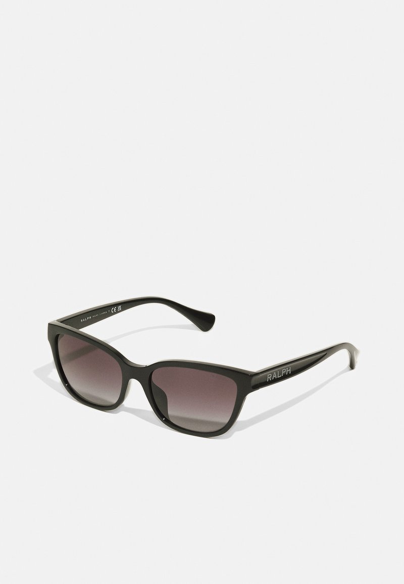 Black sunglasses with a rectangular frame, gradient lenses, and a smooth finish. The arm features the brand "RALPH" in silver.