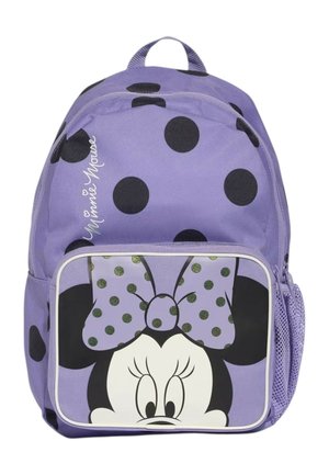 Sac à dos violet avec des pois noirs, représentant le visage de Minnie Mouse et un grand noeud violet avec des pois verts scintillants sur la poche avant.