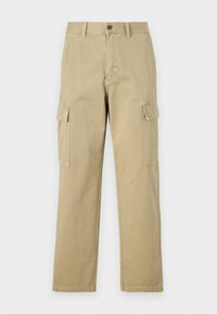 Pantalones cargo beige de algodón, con dos bolsillos laterales, cierre de botón y perneras rectas con una tela ligeramente texturizada.