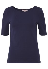 Navyblaue Kurzarmbluse aus glattem Baumwollstoff mit runder Ausschnittform und taillierter Silhouette. Schlichtes Design, ohne Muster oder Akzente.