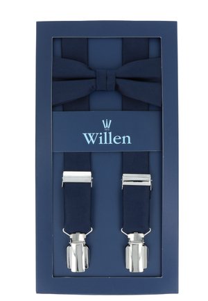 Navy blue suspenders with matching bow tie in a gift box. Features silver metal clips and smooth fabric. Box has "Willen" logo.