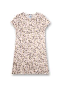 Short-sleeve dress with a round neckline, made of lightweight fabric, featuring a white background and multicolored floral patterns throughout.