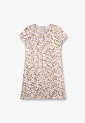 Short-sleeve dress with a round neckline, made of lightweight fabric, featuring a white background and multicolored floral patterns throughout.