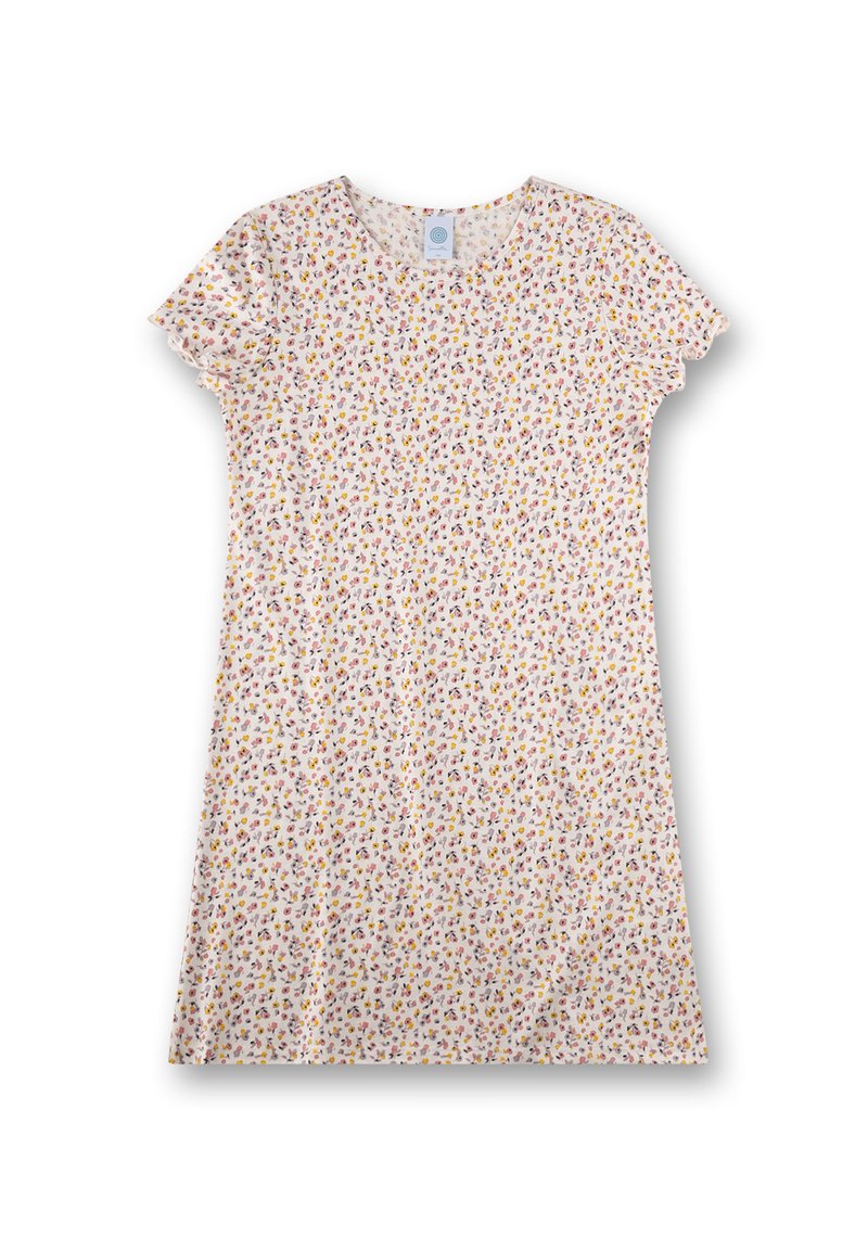 Short-sleeve dress with a round neckline, made of lightweight fabric, featuring a white background and multicolored floral patterns throughout.