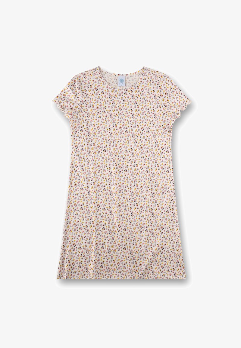 Short-sleeve dress with a round neckline, made of lightweight fabric, featuring a white background and multicolored floral patterns throughout.