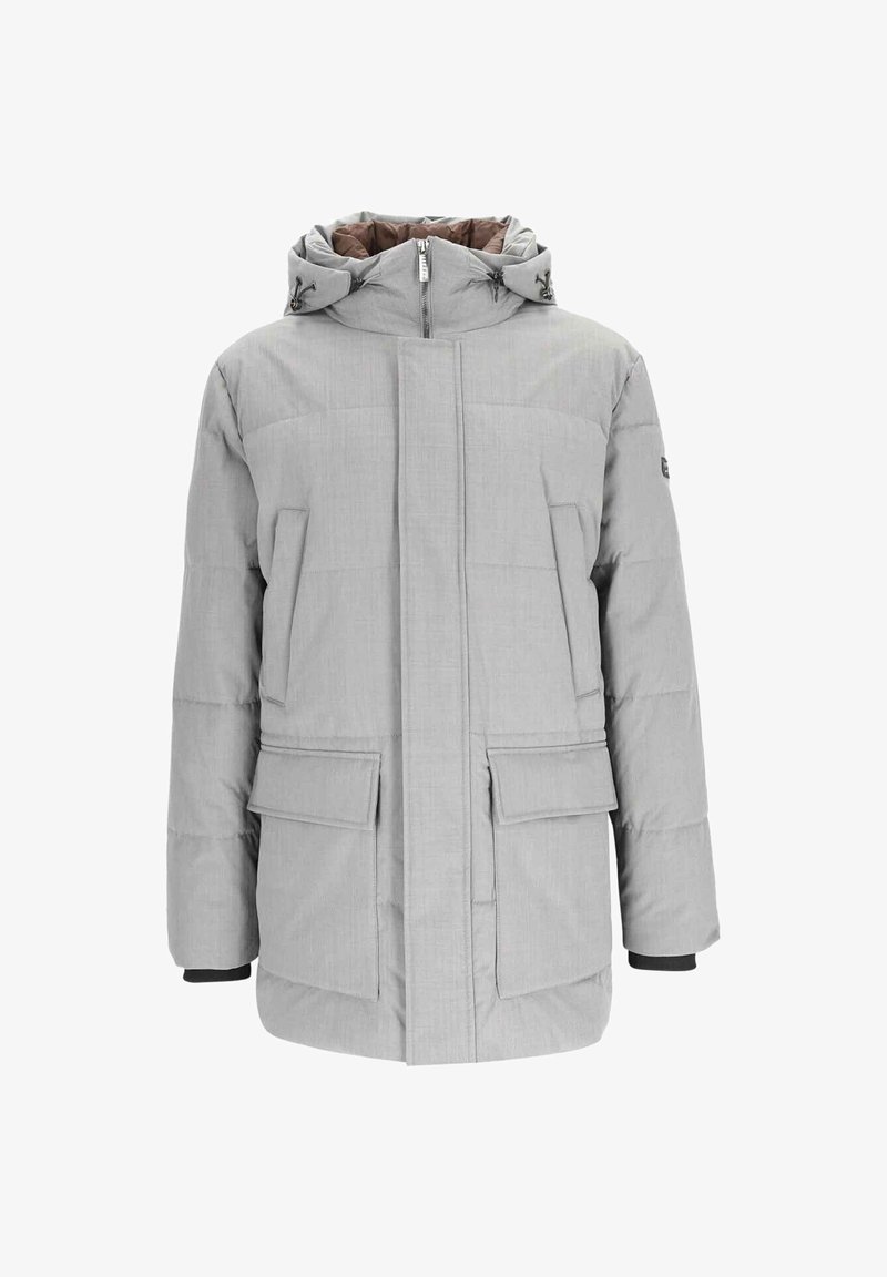 Grau gepolsterte Winterjacke mit Kapuze, Reißverschluss vorne, zwei großen Vordertaschen und schwarzen Ärmelbündchen. Strukturiertes Gewebe mit horizontalen Nähten.
