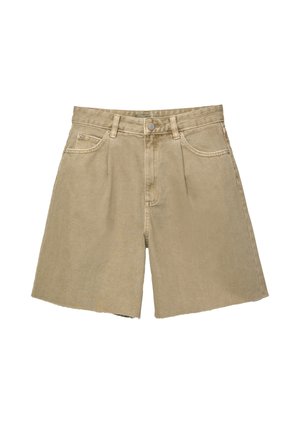 Beige denim shorts with a raw hem, five-pocket design, and a front button closure. Textured fabric with subtle stitching details.