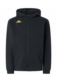 Felpa nera con zip realizzata in morbido tessuto, con un logo dorato sul lato sinistro del petto, tasche frontali e polsini a coste.