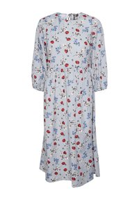 Φορεμα με φλοράλ σχέδιο, με κόκκινα και μπλε λουλούδια σε ριγέ ανοιχτό μπλε φόντο, διαθέτει στρογγυλή λαιμόκοψη και τρία τέταρτα φουσκωτά μανίκια.