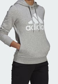 Šedá mikina s klokaní kapsou, bílým logem Adidas, stahovací kapucí a žebrovanými manžetami a spodním lemem. Nositá přes černé kalhoty.