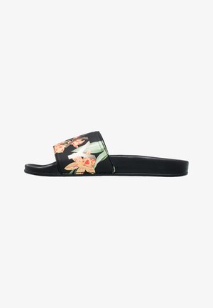 Chinelo preto com uma faixa floral com designs em laranja e verde. Sola lisa e plana com uma textura subtil.