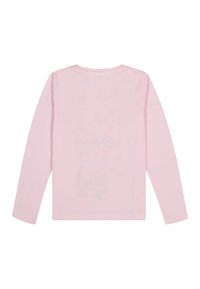 Camisa de manga larga de color rosa claro en material de algodón suave. La parte trasera presenta un sutil diseño de un personaje de dibujos animados. Cuello redondo clásico y dobladillo recto.