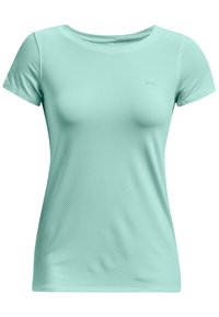 Jasnoturkusowa sportowa koszulka z krótkim rękawem wykonana z teksturowanej, oddychającej tkaniny. Okrągły dekolt z małym logo z przodu.