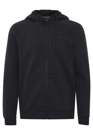 Black zip-up hoodie made of soft fabric, featuring a drawstring hood, front pockets, and ribbed cuffs and hem. No visible logos.