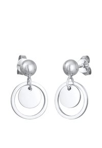Silverörhängen med en sfärisk studs och två sammanlänkade cirkulära hängande element. Slät yta med en polerad finish.