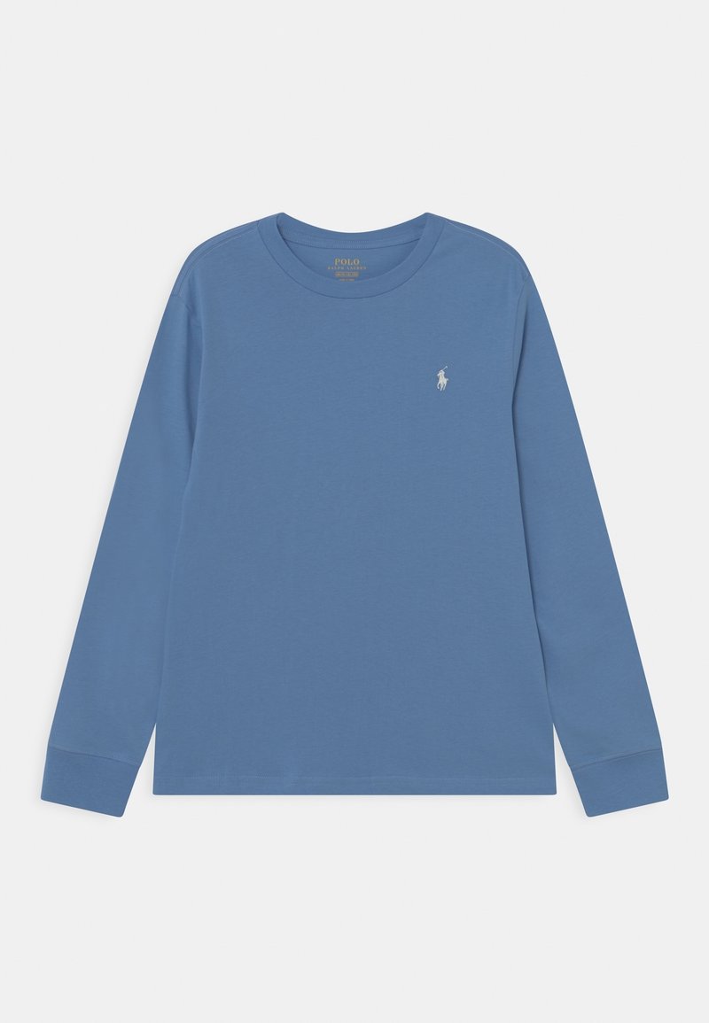 Modrá dlouhá košile s dlouhým rukávem vyrobená z měkké bavlny. Má kulatý výstřih a malé vyšívané logo na levé straně hrudi. Hladký povrch.