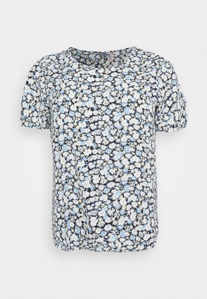 Kortærmet bluse med rund halsudskæring, prydet med et helt overflade af små blomsterprint i hvid og lyseblå på sort baggrund.
