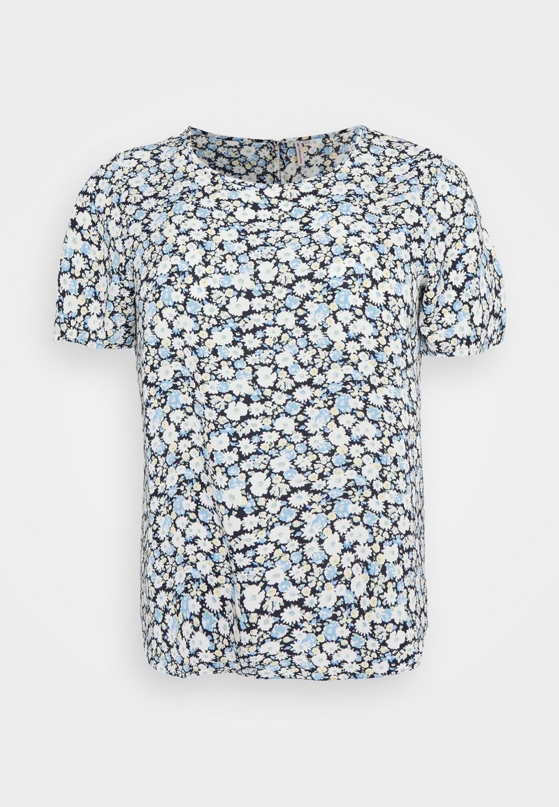 Blouse à manches courtes avec col rond, présentant un imprimé floral petit et uniforme en blanc et bleu clair sur fond noir.