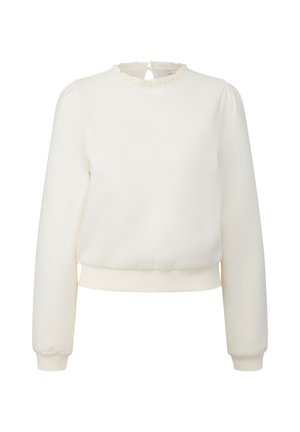 Witte blouse met lange mouwen, gerimpelde ronde halslijn, geribbelde manchetten en tailleband, en een sleutelgatknopsluiting aan de achterkant.