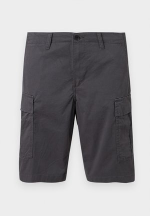 Temno sive cargo kratke hlače do kolen s stranskimi žepi s poklopcem, zanke za pas in sprednjim zapiranjem na gumbe.