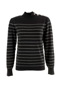 Zwarte trui met grijze horizontale strepen, hoge halslijn en poffende lange mouwen. Heeft decoratieve knopen op één schouder.
